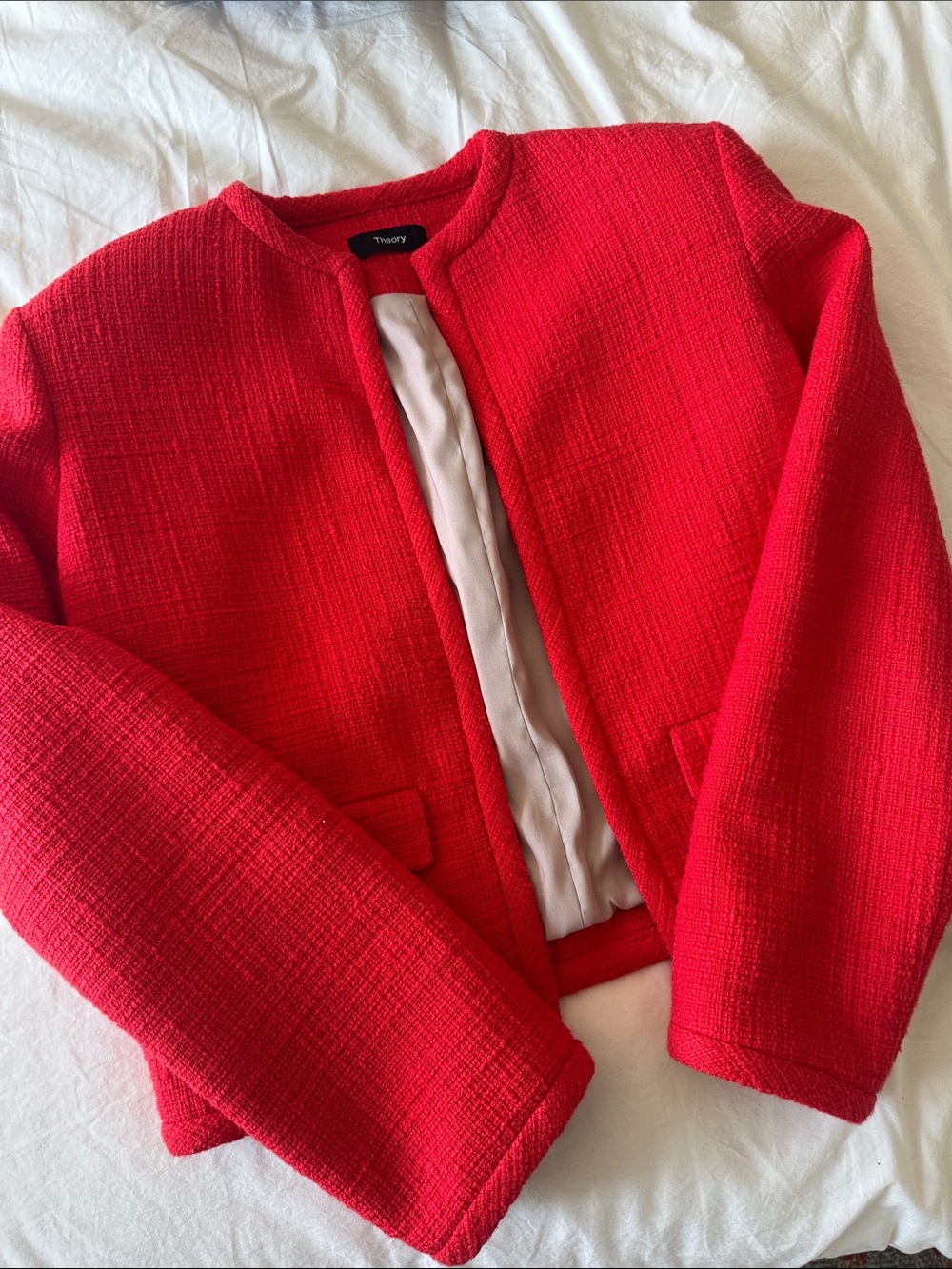 Theory Red Bouclé Collarless Blazer Jacket